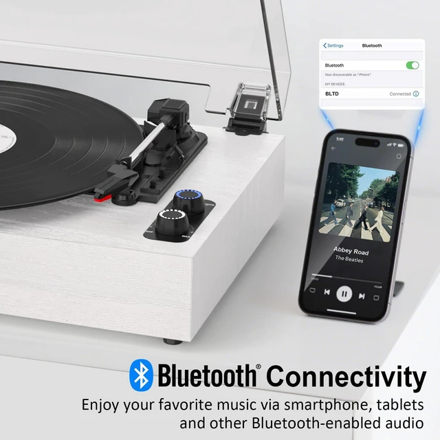 Alt view image 4 of 7 - Bluetooth Record Player with External Speakers Belt-Drive Turntable White Turntable for Vinyl Records, Dual Stereo Bookshelf Speakers, LP Players Support 3 Speed 3 Size, AUX RCA Output, Auto Stop