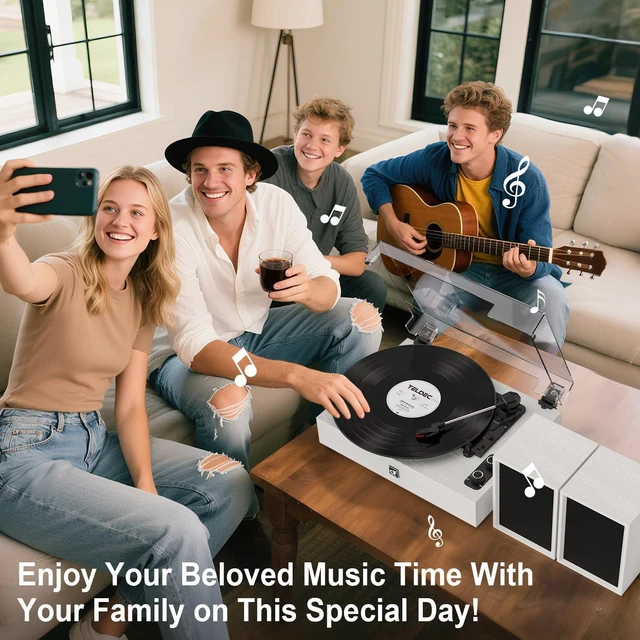 Alt view image 7 of 7 - Bluetooth Record Player with External Speakers Belt-Drive Turntable White Turntable for Vinyl Records, Dual Stereo Bookshelf Speakers, LP Players Support 3 Speed 3 Size, AUX RCA Output, Auto Stop