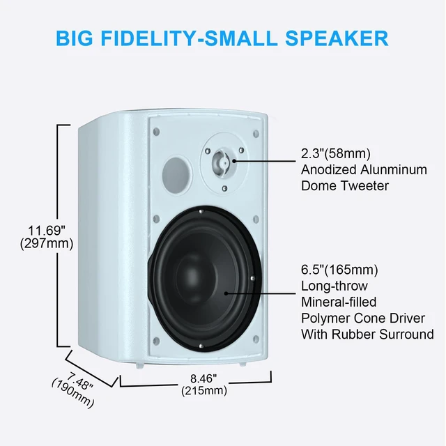 Alt view image 2 of 6 - 6.5 Inch 400W Indoor Outdoor Speakers Wired Waterproof Passive with Powerful Bass,Wall Mount Speakers for Patio Garage Covered Deck,All-Weather Durability(Pair,White)
