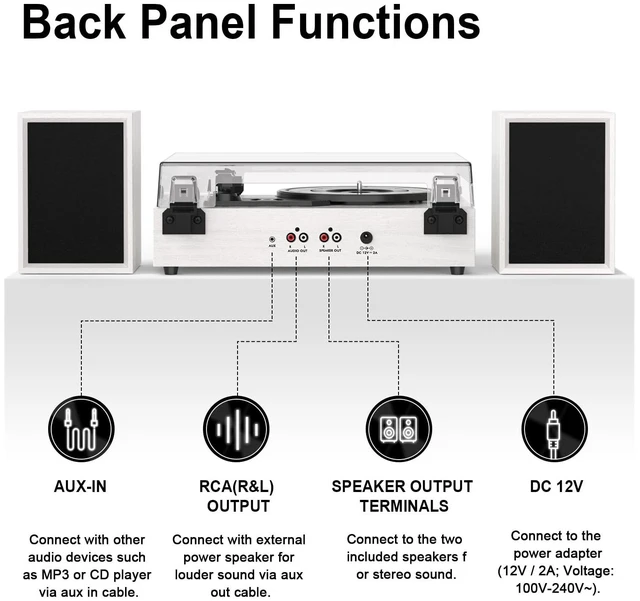 Alt view image 6 of 7 - Bluetooth Record Player with External Speakers Belt-Drive Turntable White Turntable for Vinyl Records, Dual Stereo Bookshelf Speakers, LP Players Support 3 Speed 3 Size, AUX RCA Output, Auto Stop