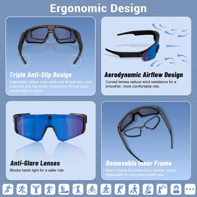 Alt view image 2 of 7 - Smart Glasses with Camera and Bluetooth, Polarized Sunglasses Pov Glasses with 32MP Anti-Shake Camera, EIS Stabilization, IP64 Waterproof Sports Sunglasses for Cycling Running Hiking Baseball