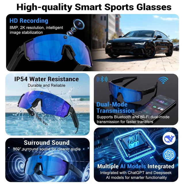Alt view image 3 of 7 - Smart Glasses with Camera and Bluetooth, Polarized Sunglasses Pov Glasses with 32MP Anti-Shake Camera, EIS Stabilization, IP64 Waterproof Sports Sunglasses for Cycling Running Hiking Baseball
