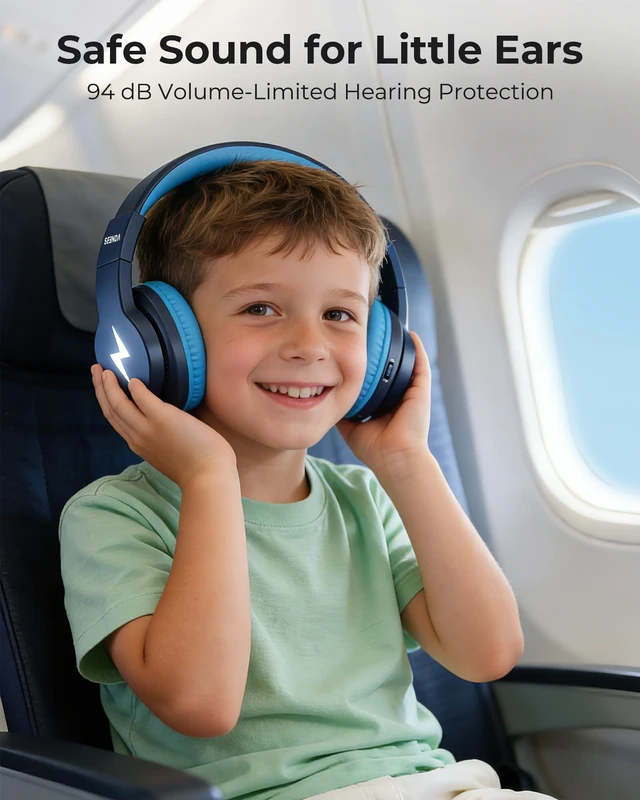 Alt view image 2 of 7 - JCH-01 Kids Bluetooth Headphones, 85/94dB, 3 Light Modes,Dark Blue 75H playtime, soft padded fit, mic & AUX cord, stickers & doodle fun kids love; Wireess Headphones for school, travel, iPad