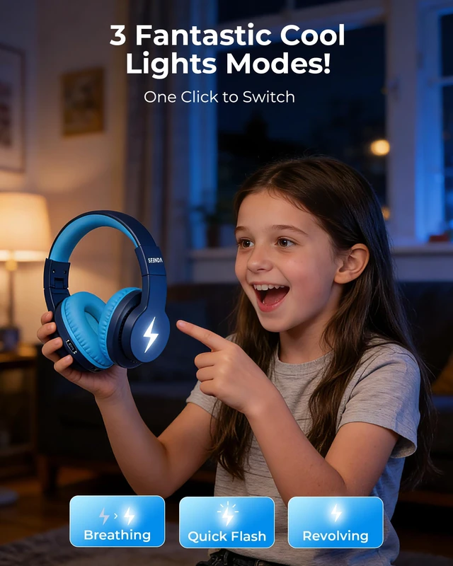 Alt view image 4 of 7 - JCH-01 Kids Bluetooth Headphones, 85/94dB, 3 Light Modes,Dark Blue 75H playtime, soft padded fit, mic & AUX cord, stickers & doodle fun kids love; Wireess Headphones for school, travel, iPad