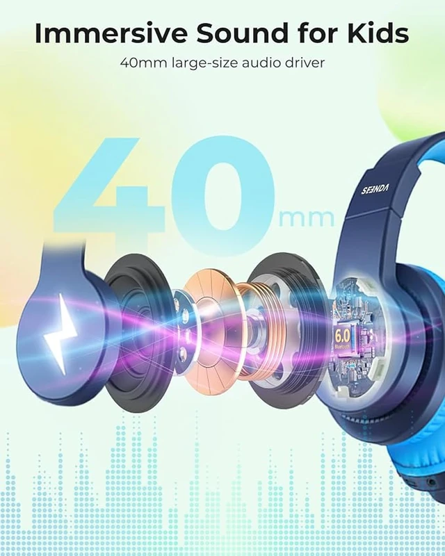 Alt view image 5 of 7 - JCH-01 Kids Bluetooth Headphones, 85/94dB, 3 Light Modes,Dark Blue 75H playtime, soft padded fit, mic & AUX cord, stickers & doodle fun kids love; Wireess Headphones for school, travel, iPad