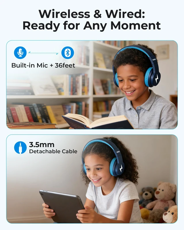 Alt view image 7 of 7 - JCH-01 Kids Bluetooth Headphones, 85/94dB, 3 Light Modes,Dark Blue 75H playtime, soft padded fit, mic & AUX cord, stickers & doodle fun kids love; Wireess Headphones for school, travel, iPad