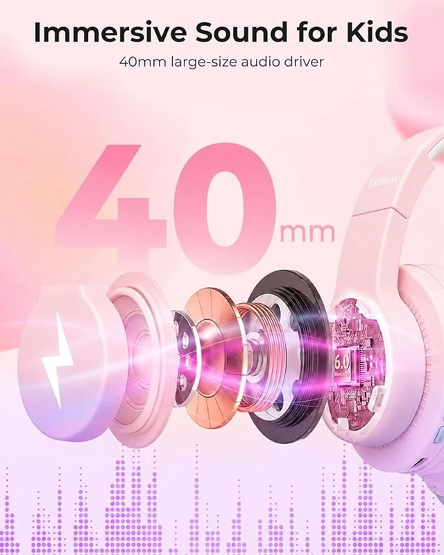 Alt view image 6 of 7 - JCH-01 Kids Bluetooth Headphones, 85/94dB, 3 Light Modes,Purple&Pink 75H playtime, soft padded fit, mic & AUX cord, stickers & doodle fun kids love; Wireess Headphones for school, travel, iPad