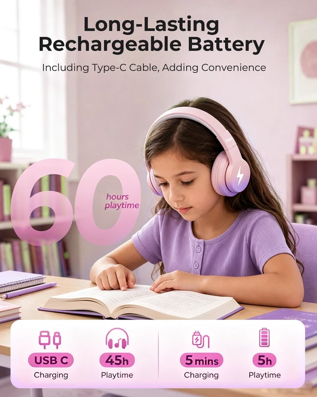 Alt view image 7 of 7 - JCH-01 Kids Bluetooth Headphones, 85/94dB, 3 Light Modes,Purple&Pink 75H playtime, soft padded fit, mic & AUX cord, stickers & doodle fun kids love; Wireess Headphones for school, travel, iPad