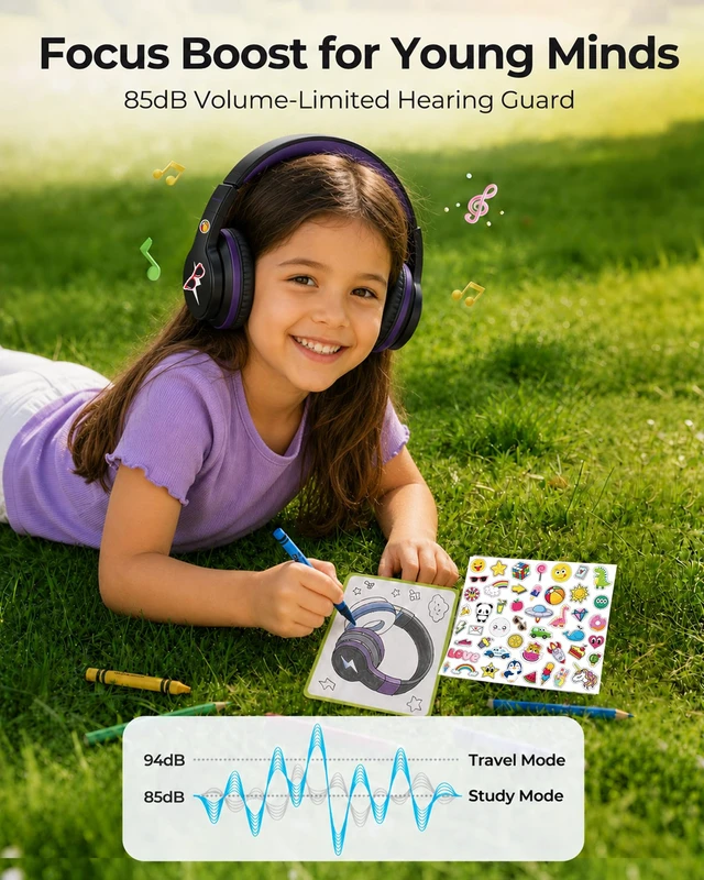 Alt view image 4 of 7 - JCH-01 Kids Bluetooth Headphones, 85/94dB, 3 RGB Modes,Black&Purple 75H playtime, soft padded fit, mic & AUX cord, stickers & doodle fun kids love; Wireess Headphones for school, travel, iPad