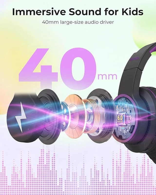 Alt view image 6 of 7 - JCH-01 Kids Bluetooth Headphones, 85/94dB, 3 RGB Modes,Black&Purple 75H playtime, soft padded fit, mic & AUX cord, stickers & doodle fun kids love; Wireess Headphones for school, travel, iPad