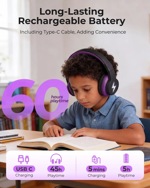 Alt view image 7 of 7 - JCH-01 Kids Bluetooth Headphones, 85/94dB, 3 RGB Modes,Black&Purple 75H playtime, soft padded fit, mic & AUX cord, stickers & doodle fun kids love; Wireess Headphones for school, travel, iPad