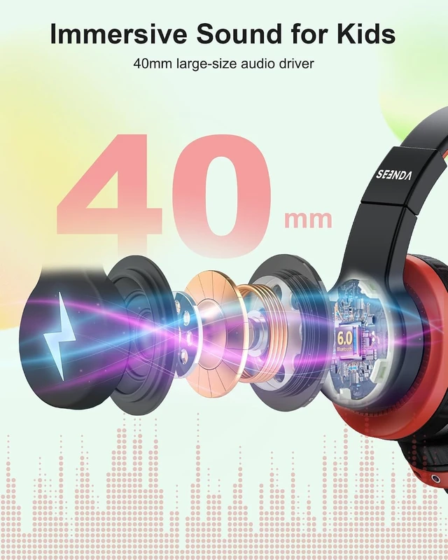 Alt view image 6 of 7 - JCH-01 Kids Bluetooth Headphones, 85/94dB, 3 Light Modes,Black&Red 75H playtime, soft padded fit, mic & AUX cord, stickers & doodle fun kids love; Wireess Headphones for school, travel, iPad