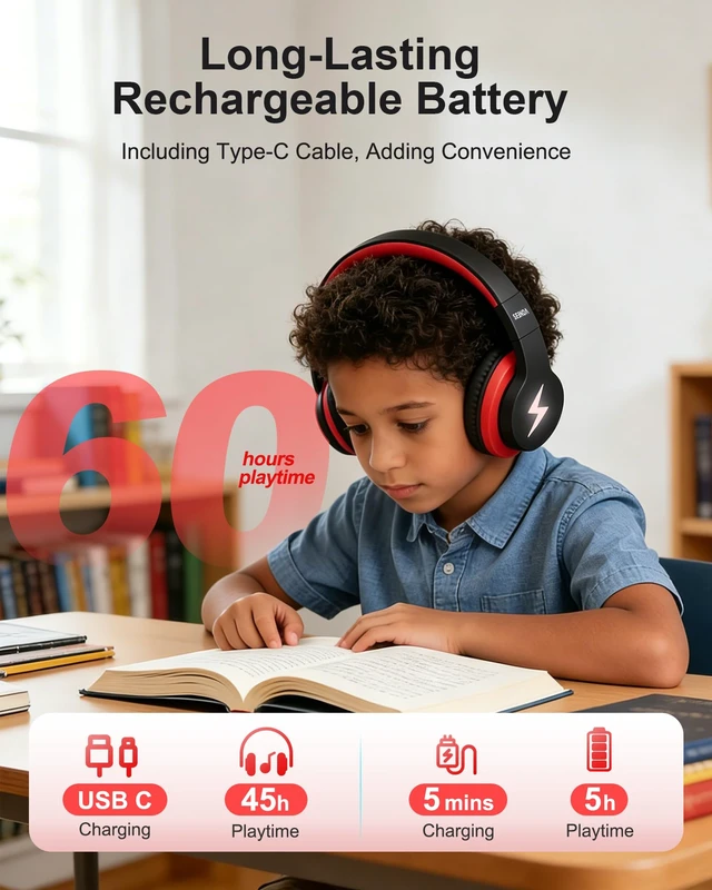 Alt view image 7 of 7 - JCH-01 Kids Bluetooth Headphones, 85/94dB, 3 Light Modes,Black&Red 75H playtime, soft padded fit, mic & AUX cord, stickers & doodle fun kids love; Wireess Headphones for school, travel, iPad