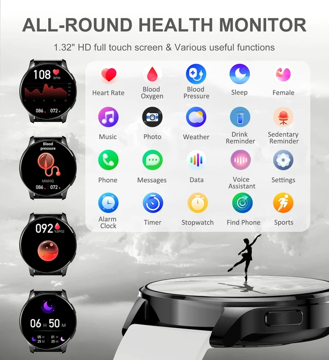 Alt view image 6 of 6 - Smart Watch for Women Men, Bluetooth Call Fitness Tracker for Android and iOS Phones Waterproof Smartwatch with 1.32" HD Full Touch Screen AI Voice Control Heart Rate Sleep Monitor Pedometer, Black