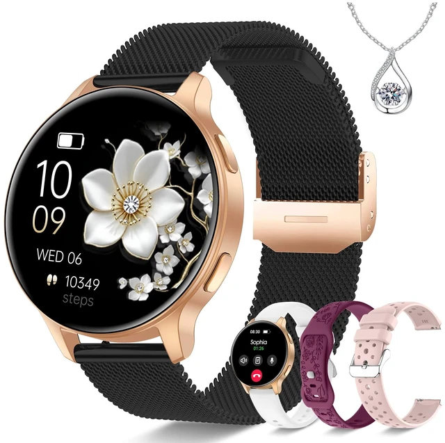 Main image of Smart Watch for Women, 1.27" HD Fitness Tracker with 4 Bands & Necklace Gift Set, Heart Rate SpO2 Sleep Monitor, 120+ Sport Modes, Call & Notifications, Smartwatch for Android iPhone, 40mm Black Gold