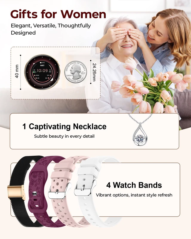 Alt view image 2 of 7 - Smart Watch for Women, 1.27" HD Fitness Tracker with 4 Bands & Necklace Gift Set, Heart Rate SpO2 Sleep Monitor, 120+ Sport Modes, Call & Notifications, Smartwatch for Android iPhone, 40mm Black Gold