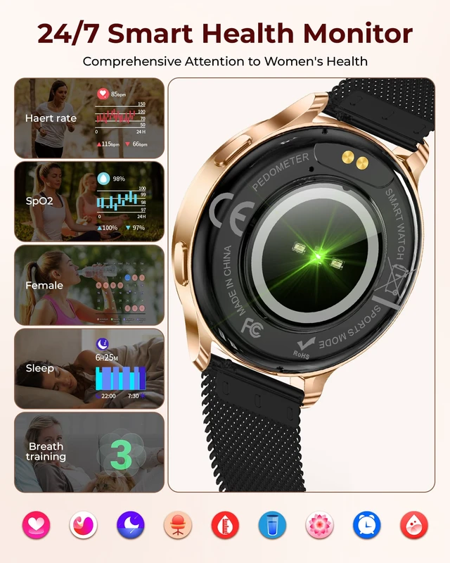 Alt view image 5 of 7 - Smart Watch for Women, 1.27" HD Fitness Tracker with 4 Bands & Necklace Gift Set, Heart Rate SpO2 Sleep Monitor, 120+ Sport Modes, Call & Notifications, Smartwatch for Android iPhone, 40mm Black Gold