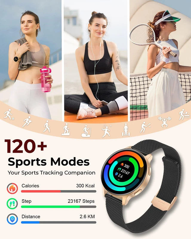 Alt view image 6 of 7 - Smart Watch for Women, 1.27" HD Fitness Tracker with 4 Bands & Necklace Gift Set, Heart Rate SpO2 Sleep Monitor, 120+ Sport Modes, Call & Notifications, Smartwatch for Android iPhone, 40mm Black Gold