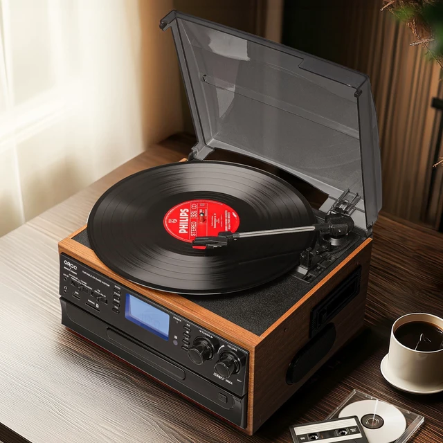 Main image of Vinyl Record Player with Speakers, Turntable CD Player Combo 3-Speed, 10-in-1 CD/Cassette Player, Bluetooth, USB/SD Playback, AM/FM Radio, Aux-in, Remote Control