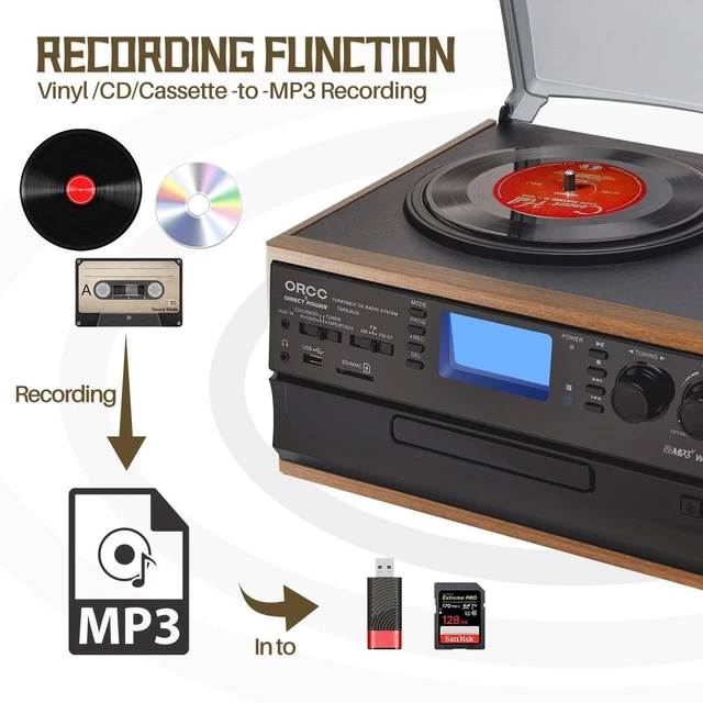 Alt view image 3 of 7 - Vinyl Record Player with Speakers, Turntable CD Player Combo 3-Speed, 10-in-1 CD/Cassette Player, Bluetooth, USB/SD Playback, AM/FM Radio, Aux-in, Remote Control
