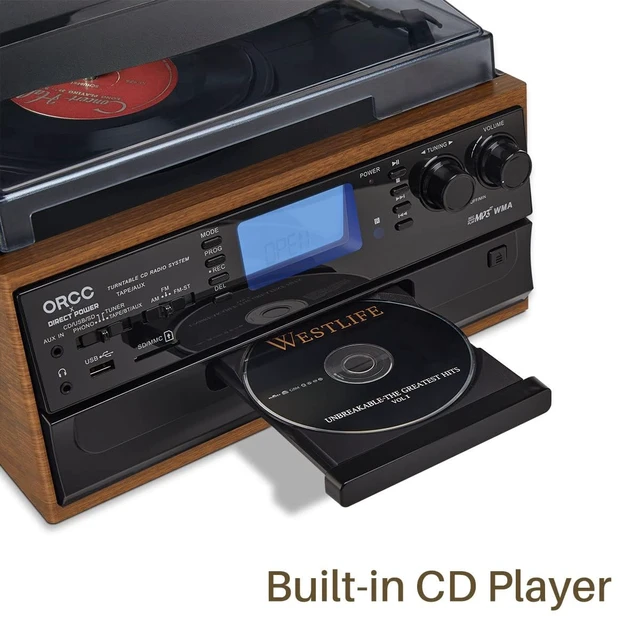 Alt view image 7 of 7 - Vinyl Record Player with Speakers, Turntable CD Player Combo 3-Speed, 10-in-1 CD/Cassette Player, Bluetooth, USB/SD Playback, AM/FM Radio, Aux-in, Remote Control
