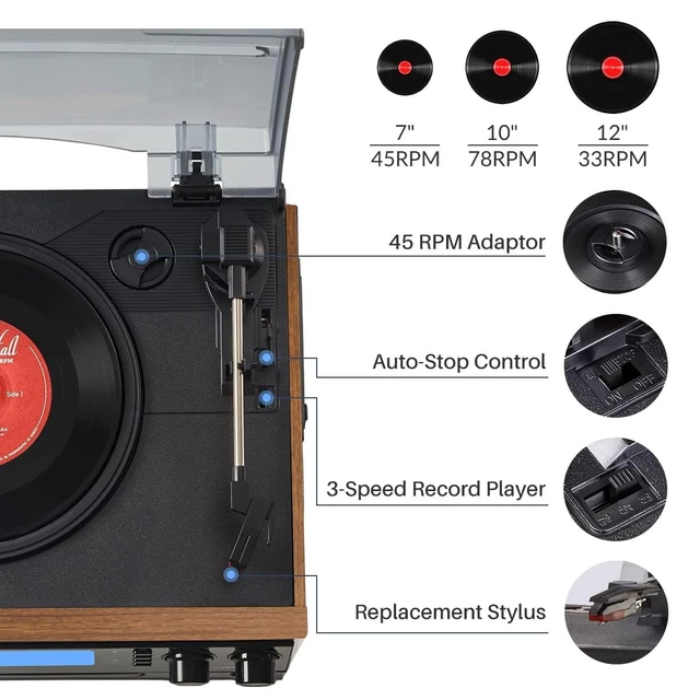 Alt view image 4 of 7 - Vinyl Record Player with Speakers, Turntable CD Player Combo 3-Speed, 10-in-1 CD/Cassette Player, Bluetooth, USB/SD Playback, AM/FM Radio, Aux-in, Remote Control