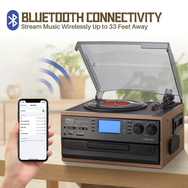 Alt view image 5 of 7 - Vinyl Record Player with Speakers, Turntable CD Player Combo 3-Speed, 10-in-1 CD/Cassette Player, Bluetooth, USB/SD Playback, AM/FM Radio, Aux-in, Remote Control