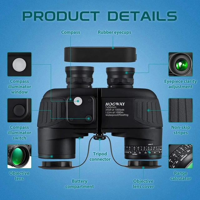 Alt view image 6 of 7 - Waterproof Military 7x50 Marine Binoculars, Binoculars with w/Internal Rangefinder & Compass for Navigation,Boating(Black)