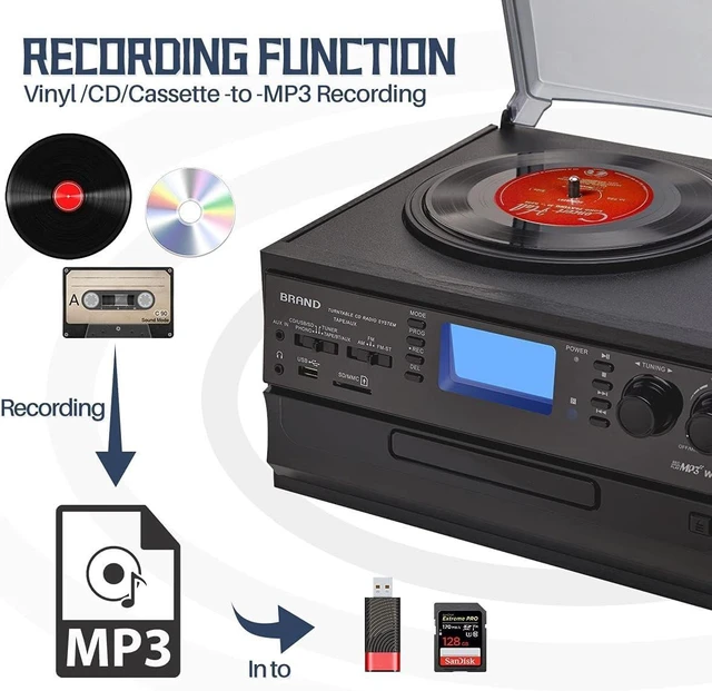 Alt view image 3 of 7 - Vinyl Record Player with Speakers, Turntable CD Player Combo 3-Speed, 10-in-1 CD/Cassette Player, Bluetooth, USB/SD Playback, AM/FM Radio, Aux-in, Remote Control