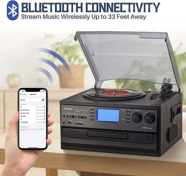 Alt view image 5 of 7 - Vinyl Record Player with Speakers, Turntable CD Player Combo 3-Speed, 10-in-1 CD/Cassette Player, Bluetooth, USB/SD Playback, AM/FM Radio, Aux-in, Remote Control
