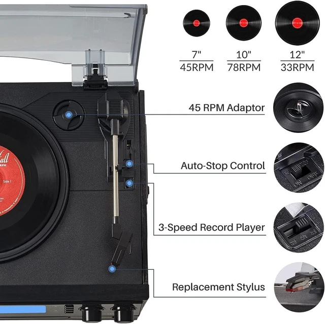 Alt view image 4 of 7 - Vinyl Record Player with Speakers, Turntable CD Player Combo 3-Speed, 10-in-1 CD/Cassette Player, Bluetooth, USB/SD Playback, AM/FM Radio, Aux-in, Remote Control