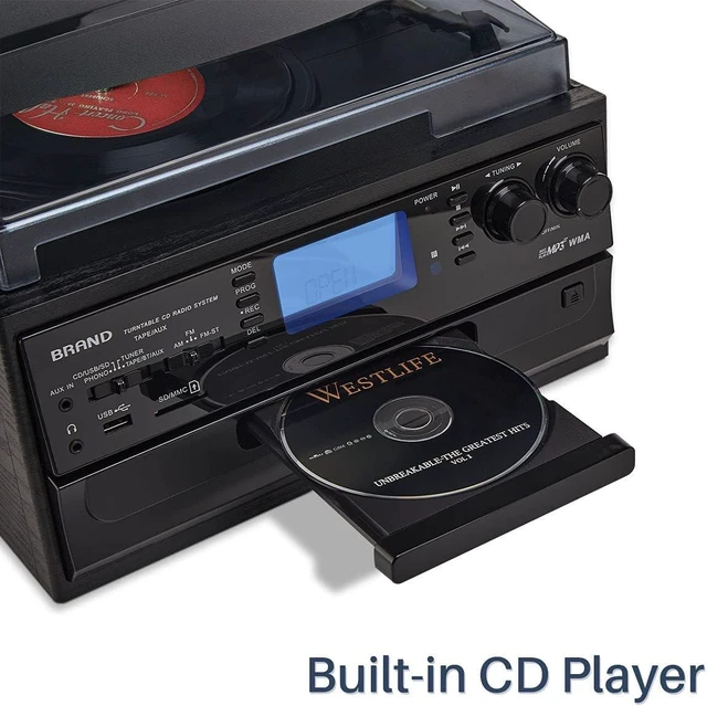 Alt view image 7 of 7 - Vinyl Record Player with Speakers, Turntable CD Player Combo 3-Speed, 10-in-1 CD/Cassette Player, Bluetooth, USB/SD Playback, AM/FM Radio, Aux-in, Remote Control