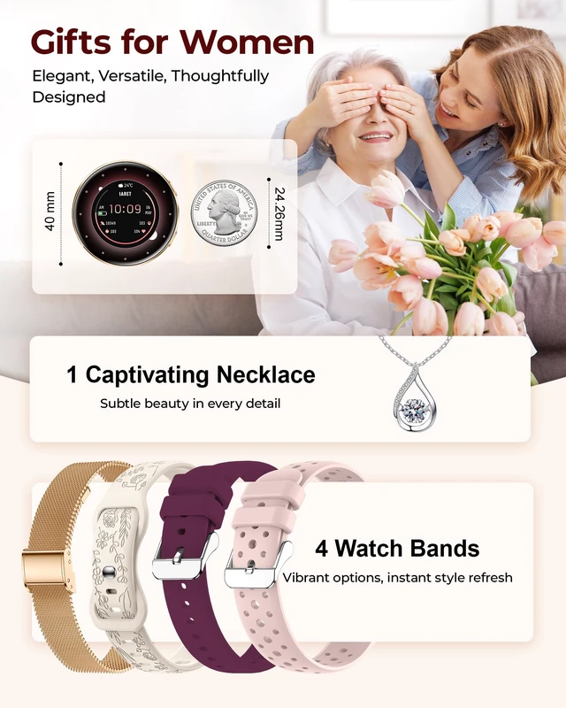 Alt view image 2 of 7 - Smart Watch for Women, 1.27" HD Fitness Tracker with 4 Bands & Necklace Gift Set, Heart Rate SpO2 Sleep Monitor, 120+ Sport Modes, Call & Notifications, Smartwatch for Android iPhone, 40mm