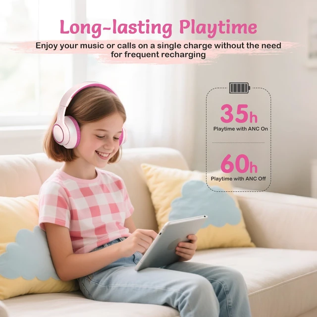 Alt view image 7 of 7 - Kids Bluetooth Headphones with ANC for School Travel Gift Wireless Over-Ear Headphones for Boys Girls, Foldable, Adjustable, Safe Volume, 40H Playtime, Mic for School Travel
