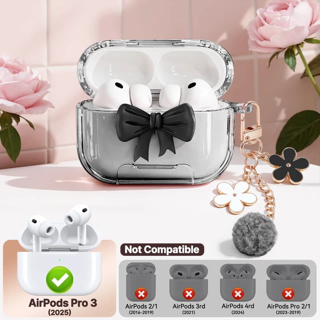 Alt view image 2 of 7 - for AirPods Pro 3 Case Cover 2025-Clear Black with Bow Safety Lock, As Phone Stand,with Floral Key Chain & Clean Pen,Support Wireless,Two-Piece Design for Women Girly