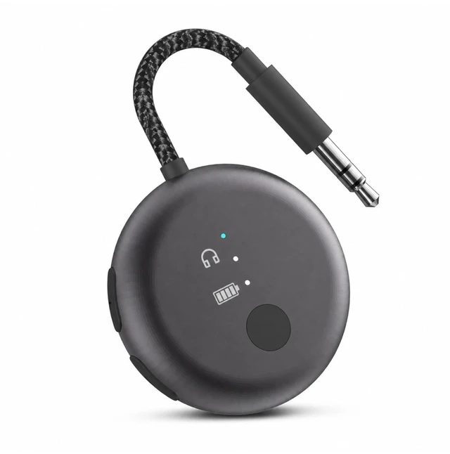 Main image of SoundJet R1 - Airplane Bluetooth Adapter for AirPods, 25H Qualcomm aptX Adaptive & HD, dual-headphone pairing, 25-hour battery, USB-C charging, and single/dual airline plugs