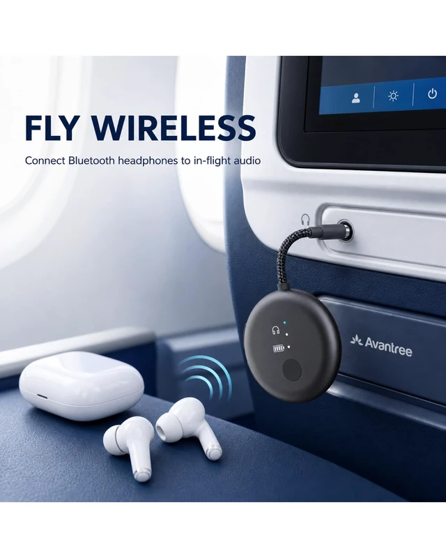 Alt view image 2 of 7 - SoundJet R1 - Airplane Bluetooth Adapter for AirPods, 25H Qualcomm aptX Adaptive & HD, dual-headphone pairing, 25-hour battery, USB-C charging, and single/dual airline plugs