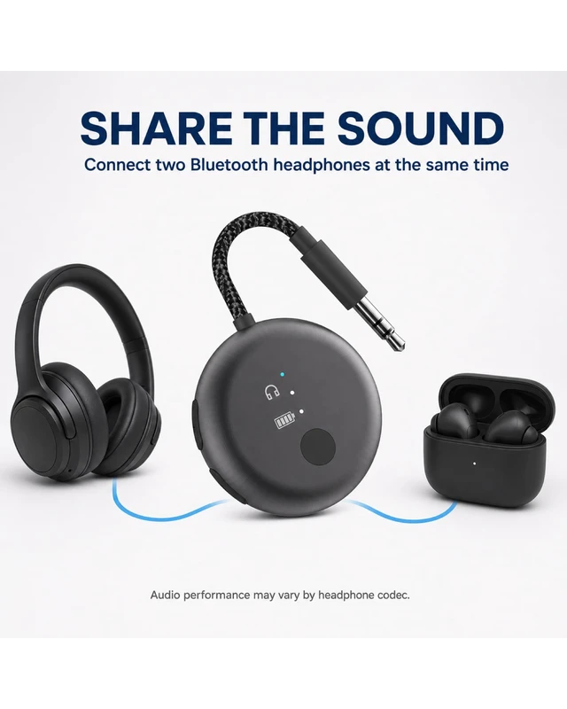 Alt view image 3 of 7 - SoundJet R1 - Airplane Bluetooth Adapter for AirPods, 25H Qualcomm aptX Adaptive & HD, dual-headphone pairing, 25-hour battery, USB-C charging, and single/dual airline plugs