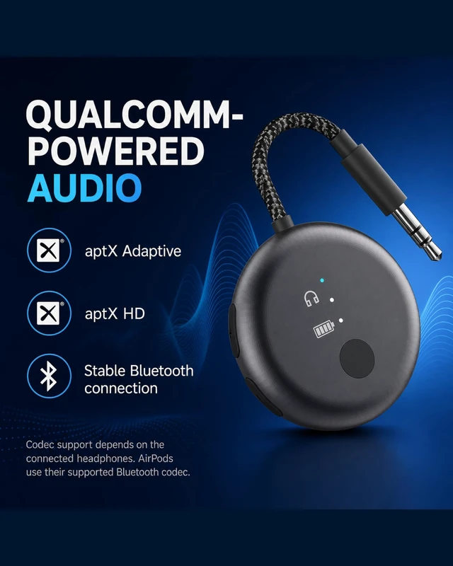Alt view image 4 of 7 - SoundJet R1 - Airplane Bluetooth Adapter for AirPods, 25H Qualcomm aptX Adaptive & HD, dual-headphone pairing, 25-hour battery, USB-C charging, and single/dual airline plugs