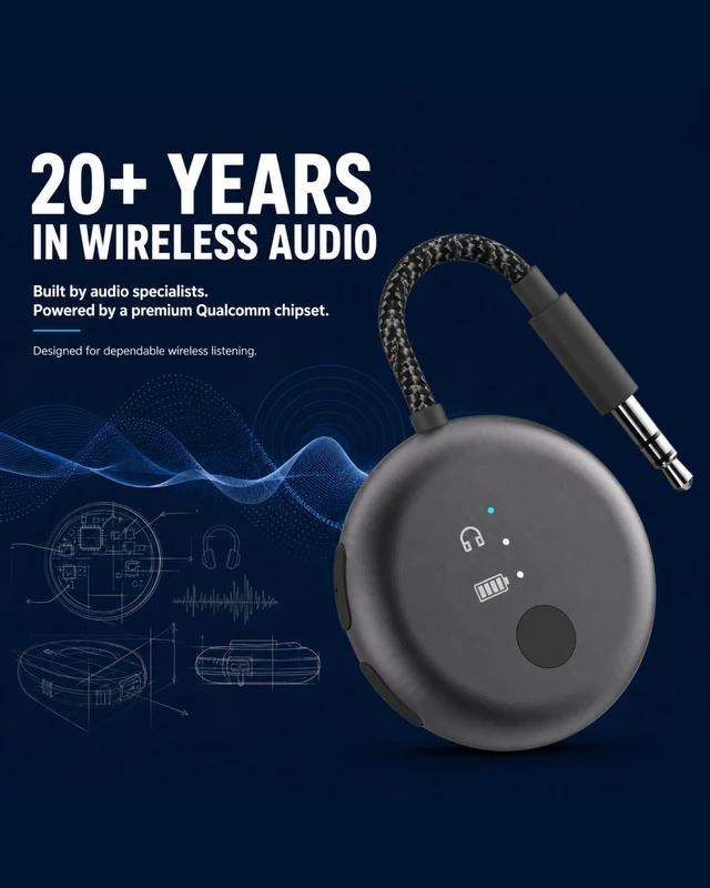 Alt view image 5 of 7 - SoundJet R1 - Airplane Bluetooth Adapter for AirPods, 25H Qualcomm aptX Adaptive & HD, dual-headphone pairing, 25-hour battery, USB-C charging, and single/dual airline plugs