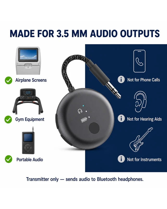 Alt view image 7 of 7 - SoundJet R1 - Airplane Bluetooth Adapter for AirPods, 25H Qualcomm aptX Adaptive & HD, dual-headphone pairing, 25-hour battery, USB-C charging, and single/dual airline plugs