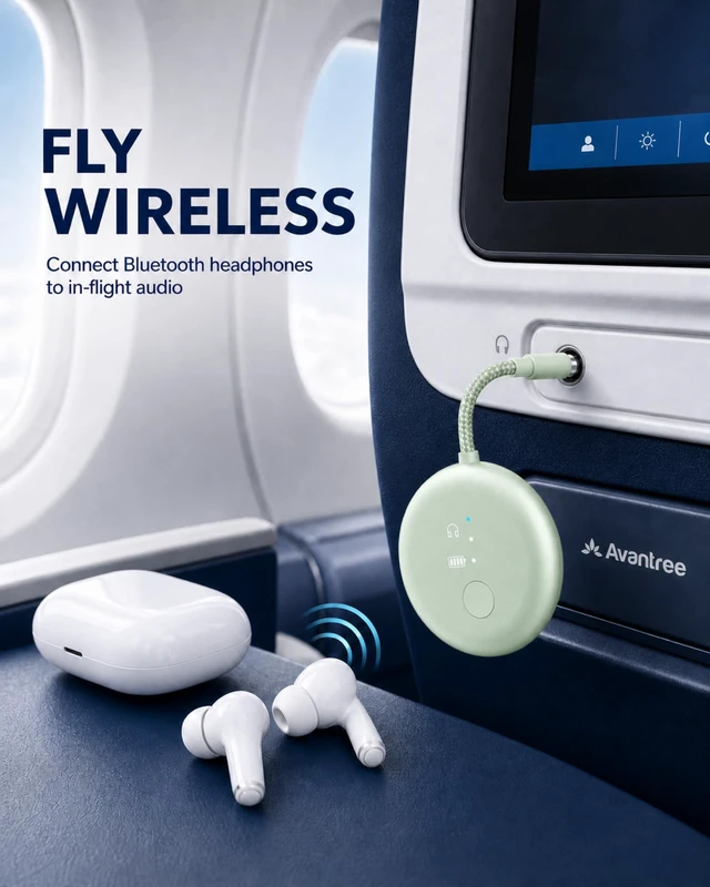 Alt view image 2 of 7 - SoundJet R1 - Airplane Bluetooth Adapter for AirPods, 25H Qualcomm aptX Adaptive & HD, dual-headphone pairing, 25-hour battery, USB-C charging, and single/dual airline plugs