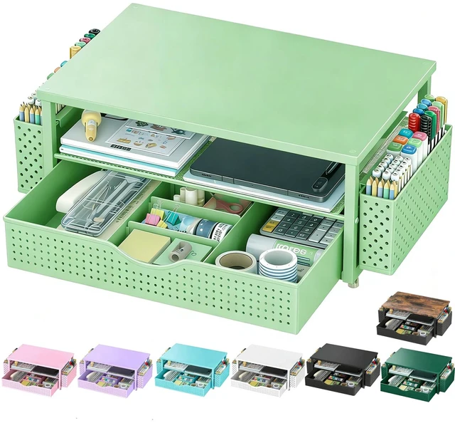 Main image of Computer Monitor Stand with Drawer and 2 Pen Holders, Sage Green Double layer storage Computer Stand Monitor Riser Office Organization for Desk