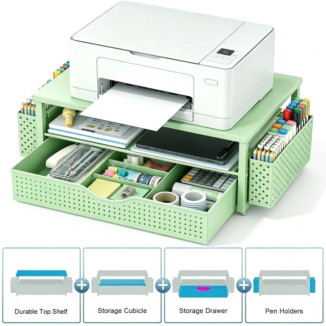 Alt view image 2 of 7 - Computer Monitor Stand with Drawer and 2 Pen Holders, Sage Green Double layer storage Computer Stand Monitor Riser Office Organization for Desk