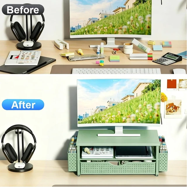 Alt view image 3 of 7 - Computer Monitor Stand with Drawer and 2 Pen Holders, Sage Green Double layer storage Computer Stand Monitor Riser Office Organization for Desk