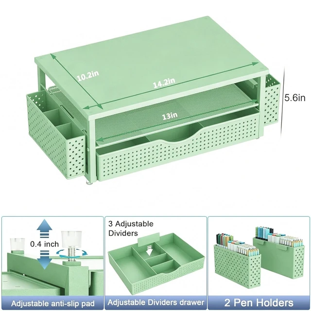 Alt view image 5 of 7 - Computer Monitor Stand with Drawer and 2 Pen Holders, Sage Green Double layer storage Computer Stand Monitor Riser Office Organization for Desk