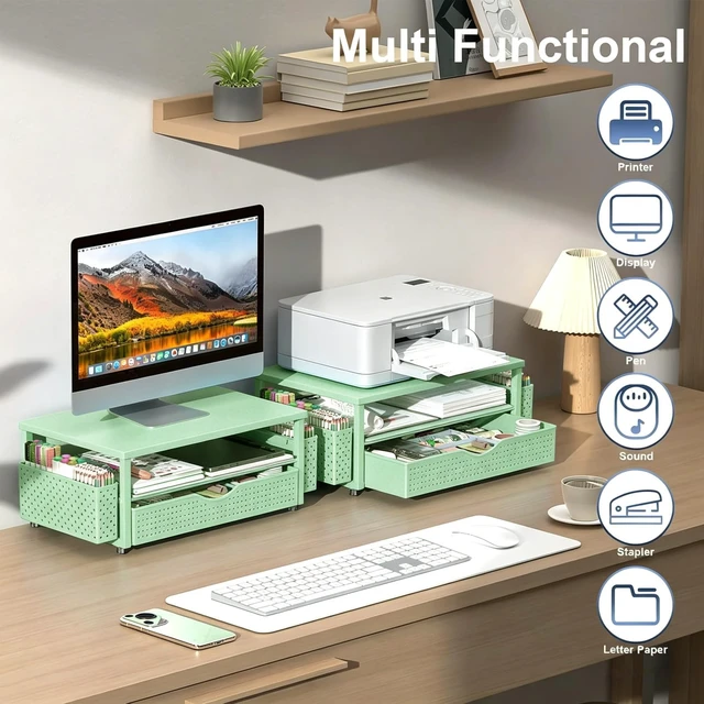 Alt view image 6 of 7 - Computer Monitor Stand with Drawer and 2 Pen Holders, Sage Green Double layer storage Computer Stand Monitor Riser Office Organization for Desk