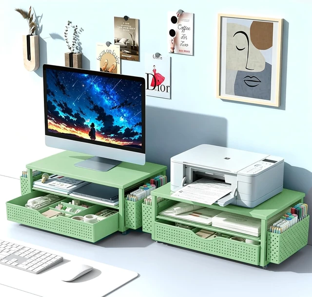Alt view image 7 of 7 - Computer Monitor Stand with Drawer and 2 Pen Holders, Sage Green Double layer storage Computer Stand Monitor Riser Office Organization for Desk