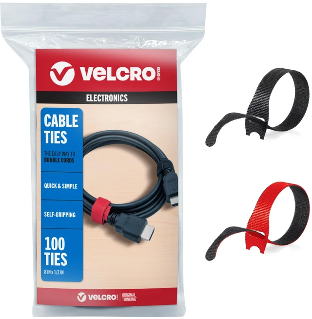 Main image of ONE-WRAP Cable Ties, 8in x 1/2in, Black/Red, 100 Pack Thin Pre Cut Cord Organization Straps; Reusable Alternative To Zip Ties For Wire Management In Home And Office