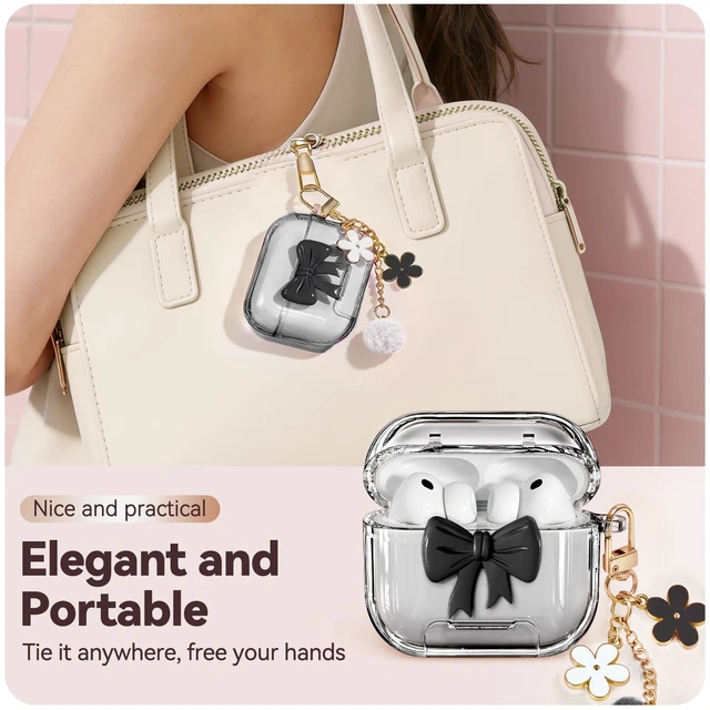 Alt view image 6 of 7 - for AirPods Pro 3 Case Cover 2025-Clear Black with Bow Safety Lock, As Phone Stand,with Floral Key Chain & Clean Pen,Support Wireless,Two-Piece Design for Women Girly